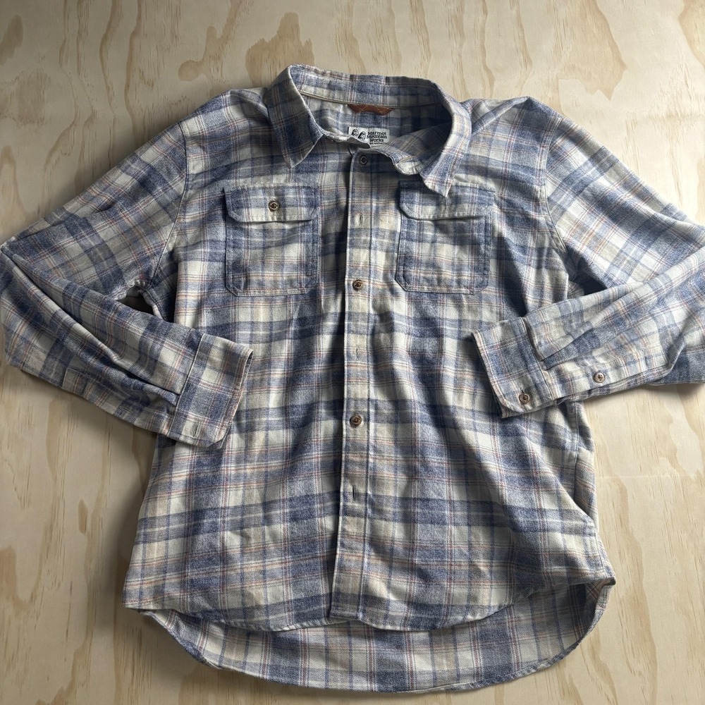 Marmot Mountain Works Flannel Shirt Mens Large Blue Plaid Long Sleeve Button Up